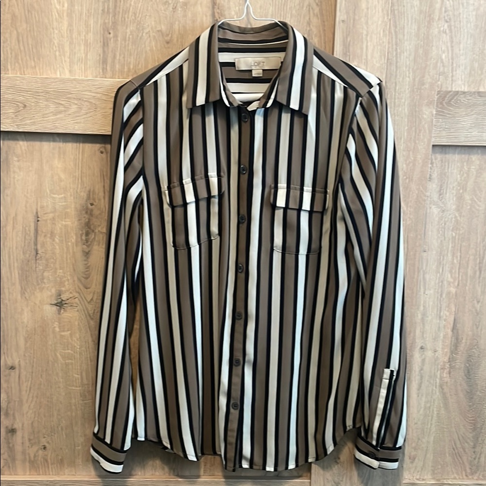 LOFT Black and White Striped Button-Up Shirt
